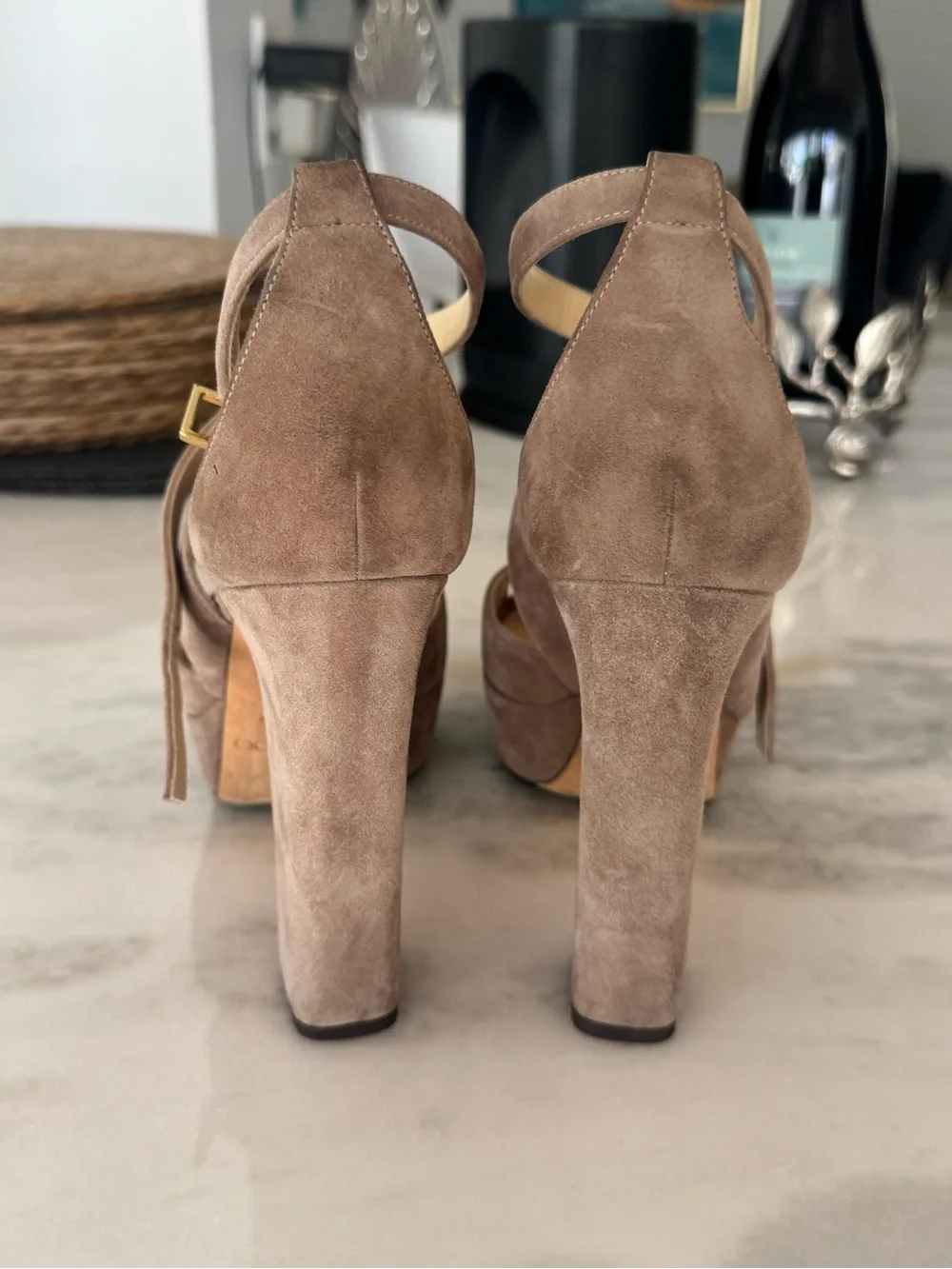 Jimmy Choo Taupe Suede Crisscross Platform Sandals size 38 -good condition